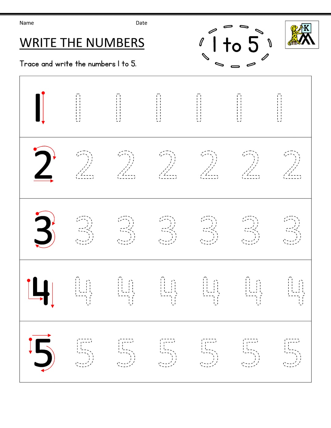 Number Trace Worksheets 1-5