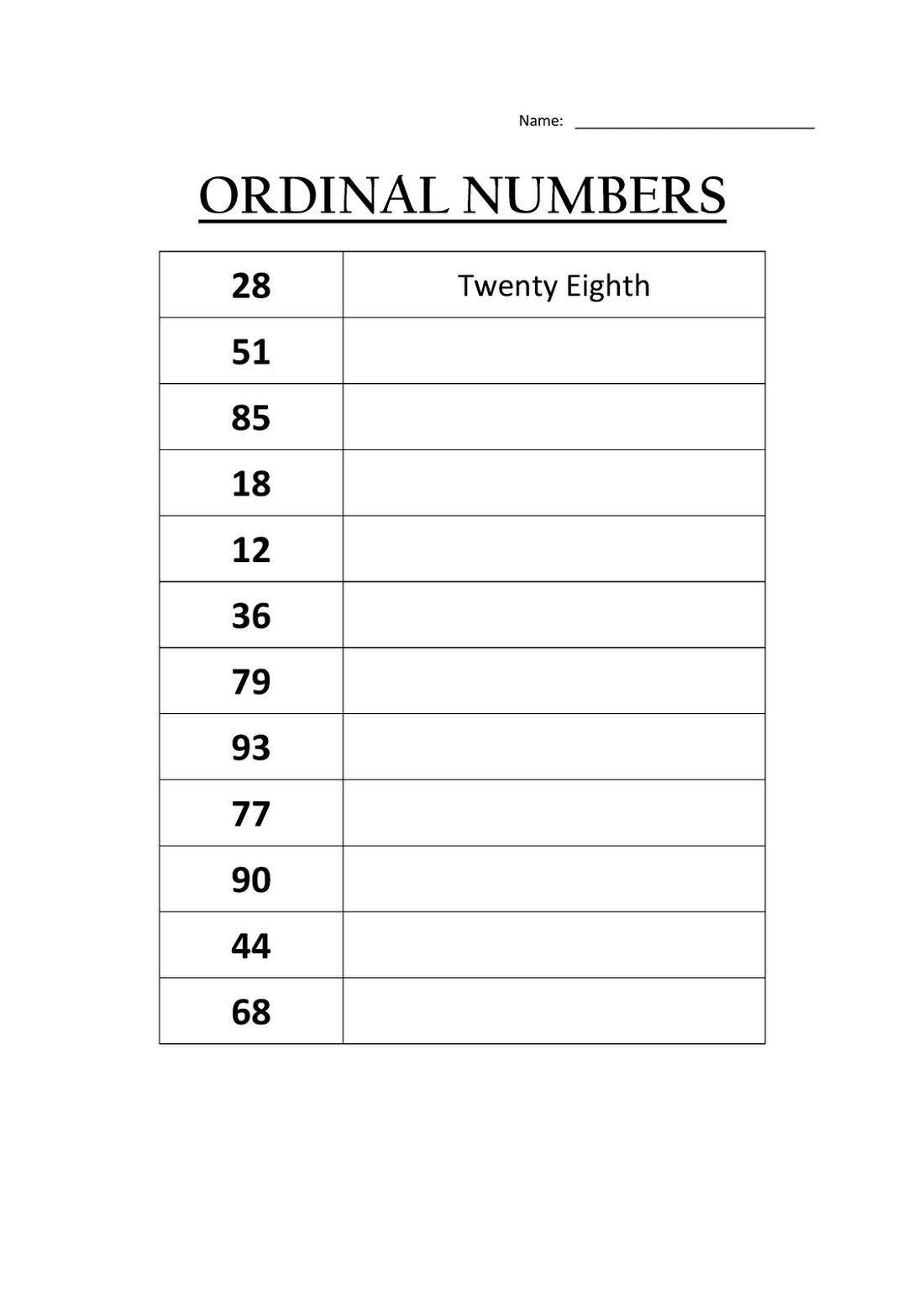 Ordinal Number Words Worksheet