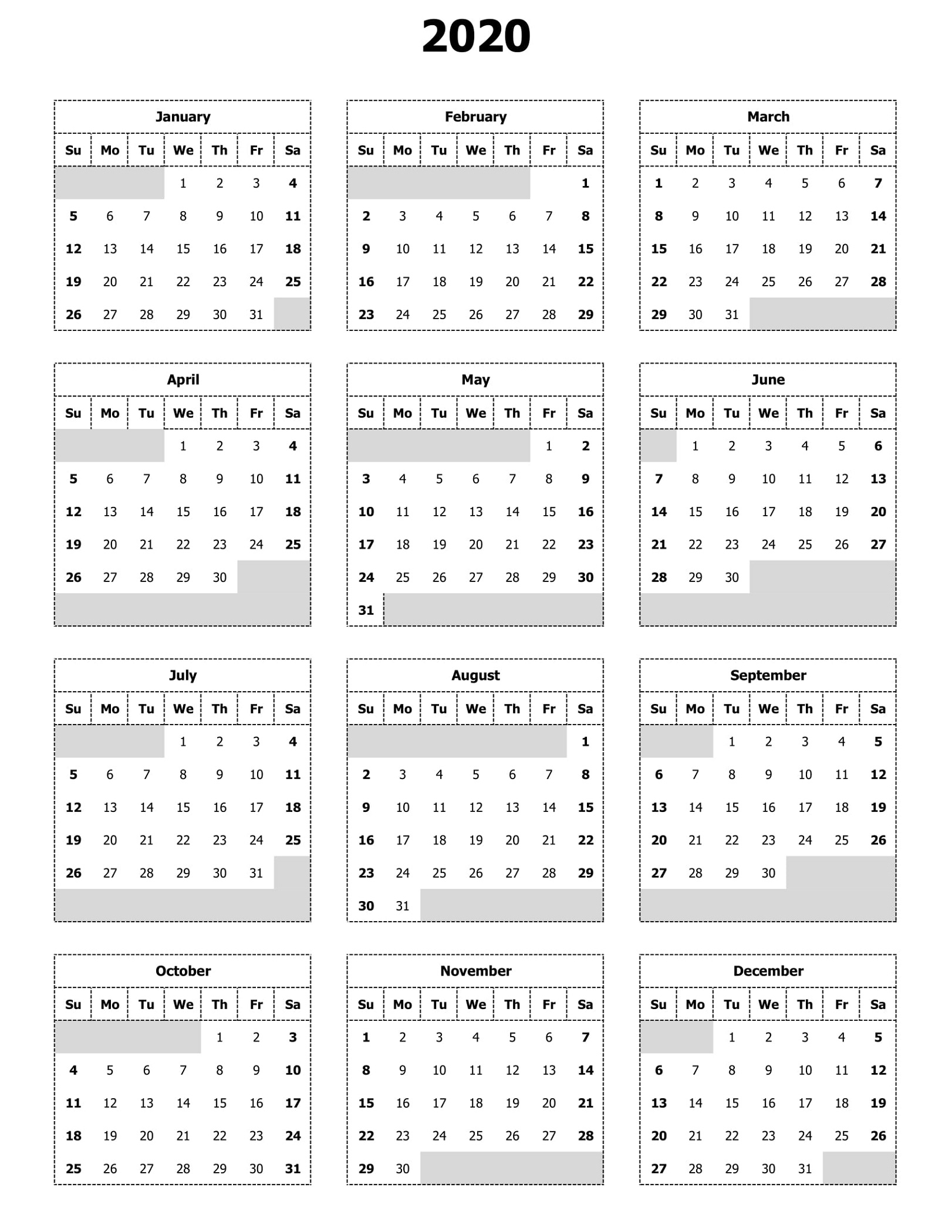 Blank 2020 Calendar