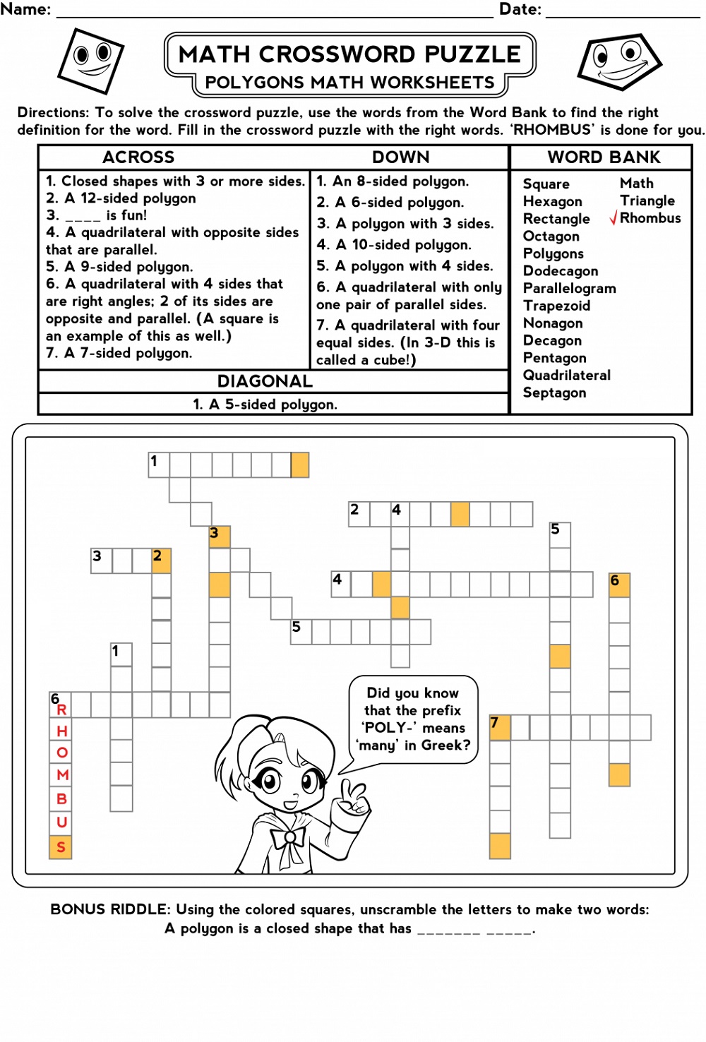 Crossword Math Fun Worksheets