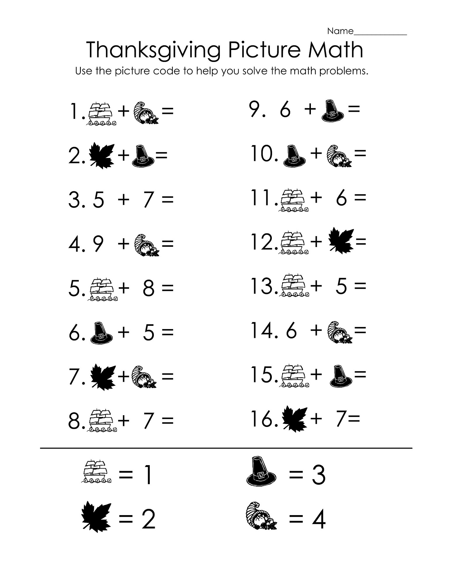 Thanksgiving Picture Math Worksheets