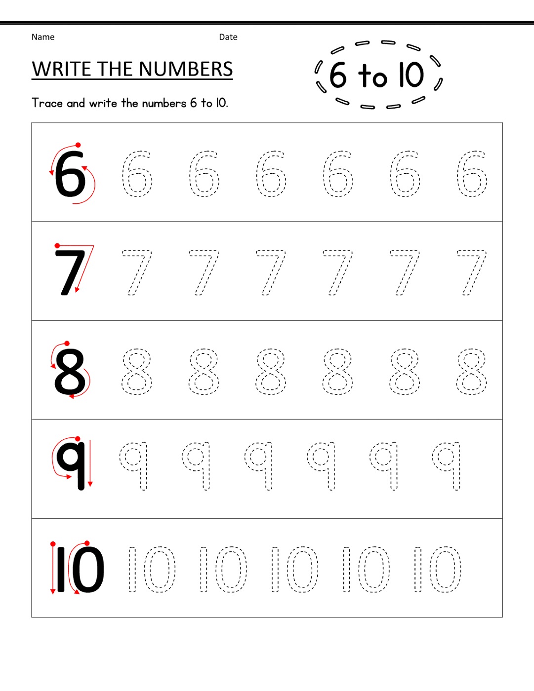 6-10 Writing Numbers Worksheet