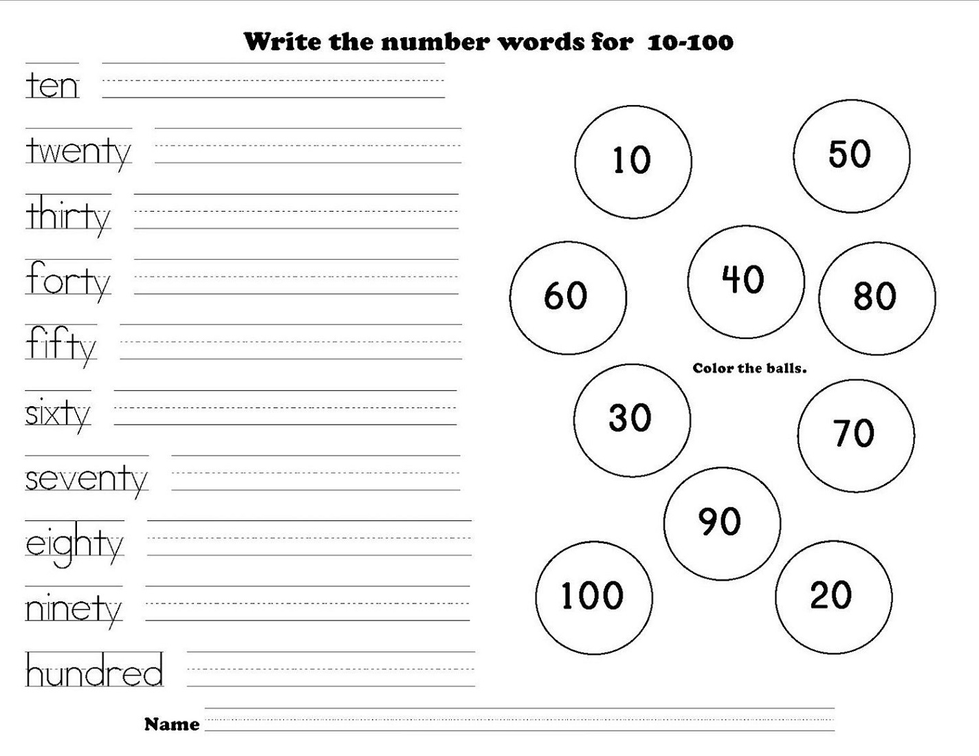 Writing Numbers Worksheet for 10-100