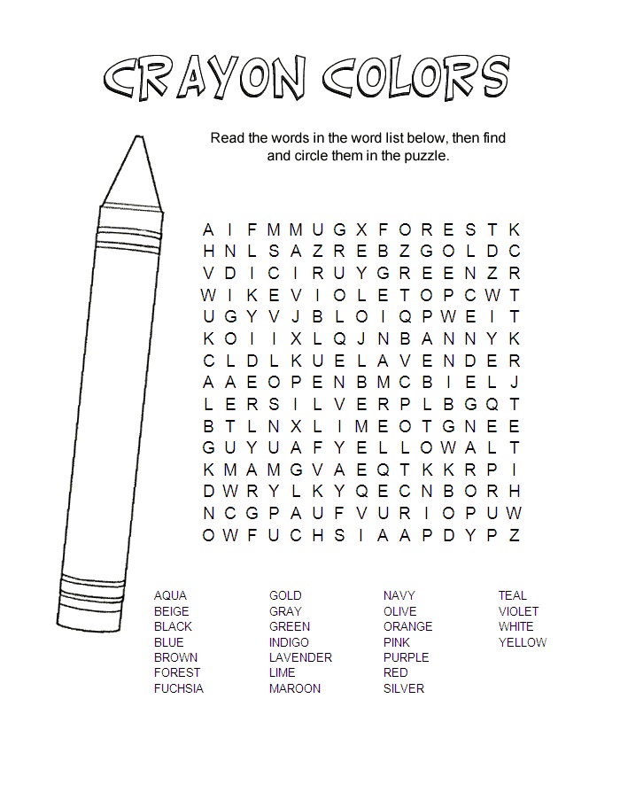 Crayon Colors Free Word Search Puzzles For Kids
