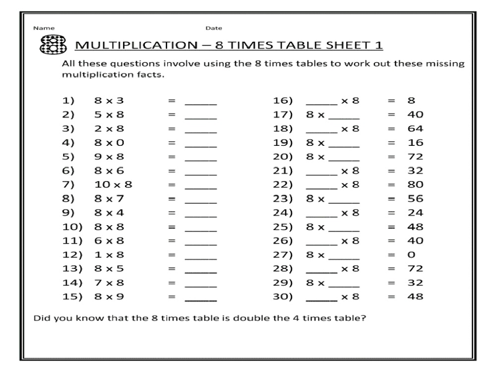 Hard 8 Times Table Worksheet