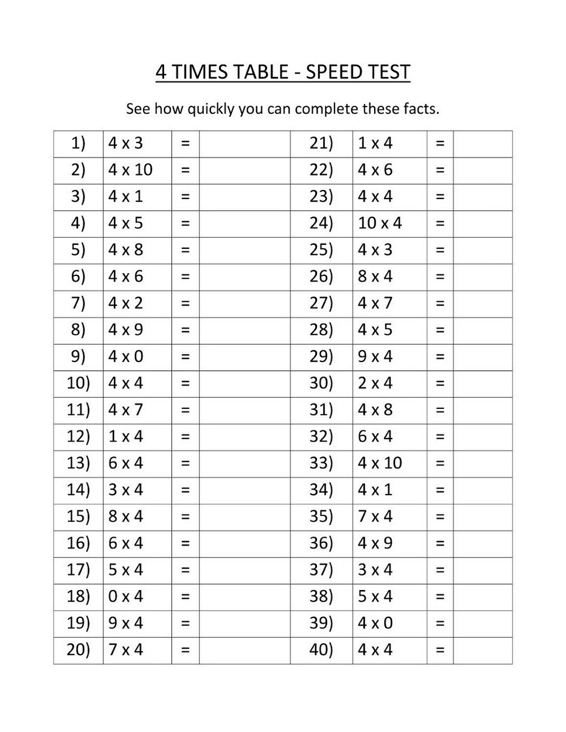 Basic 4 Times Table Worksheets