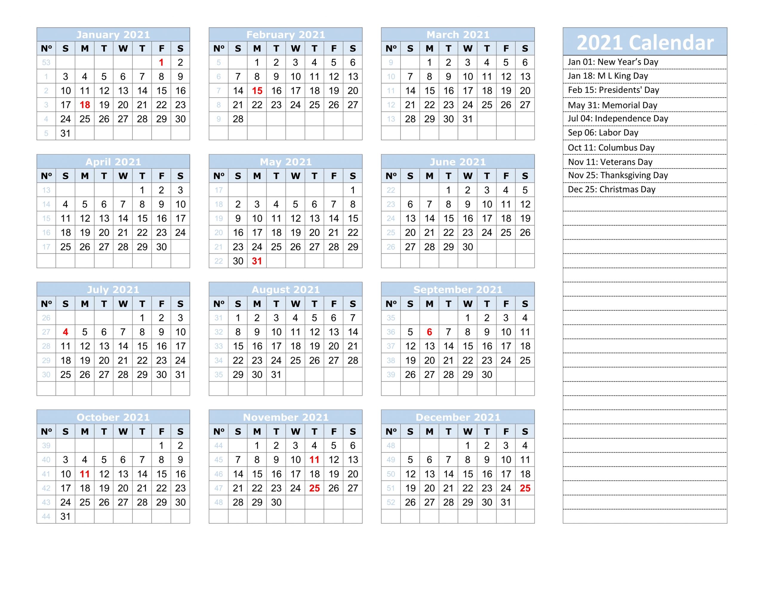 Download 2021 Yearly Calendar With Holidays