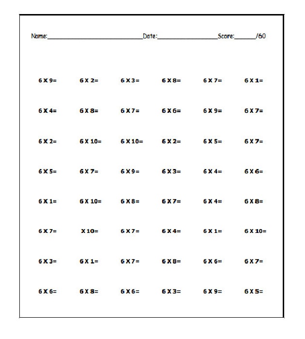 Free 6 Times Tables Worksheets