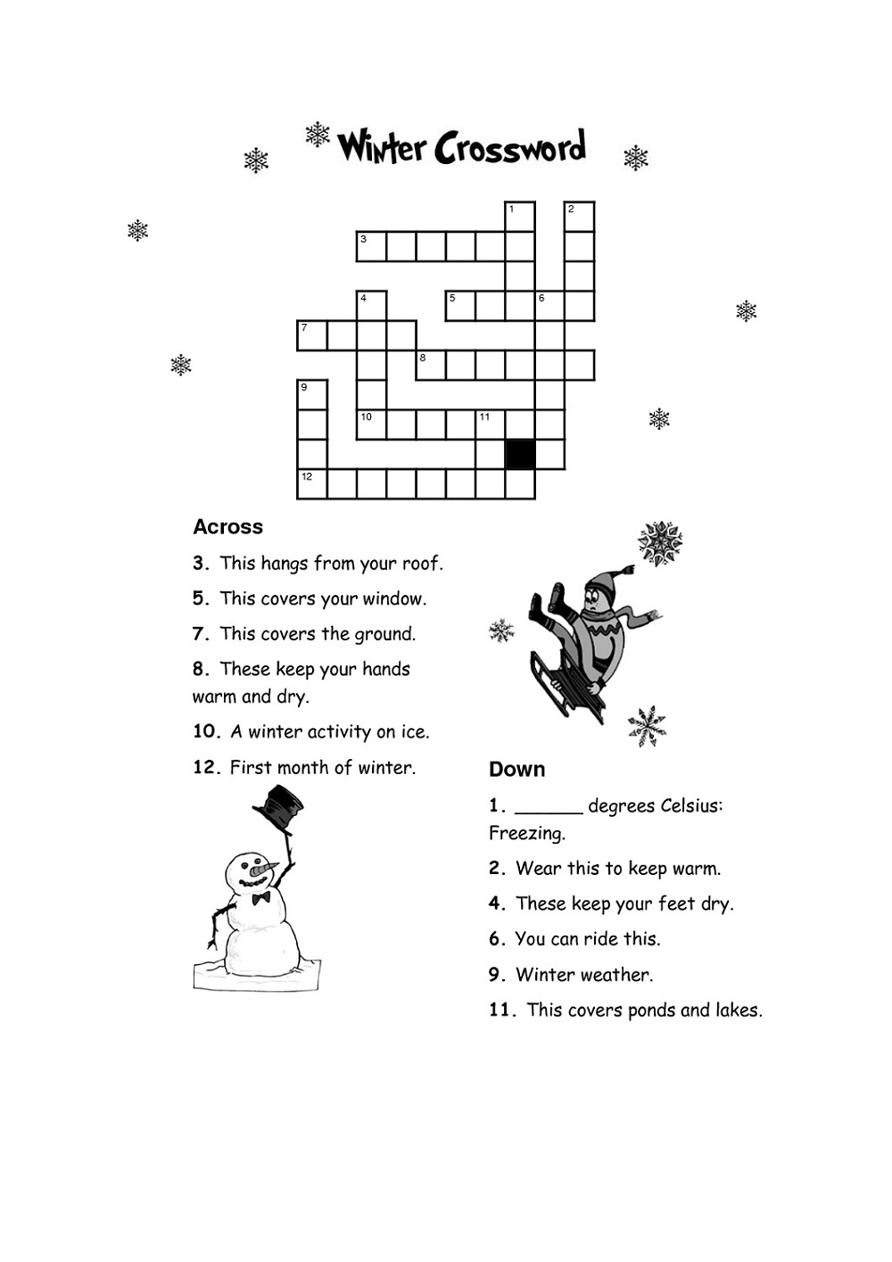 Winter Easy Crossword Puzzles For Kids