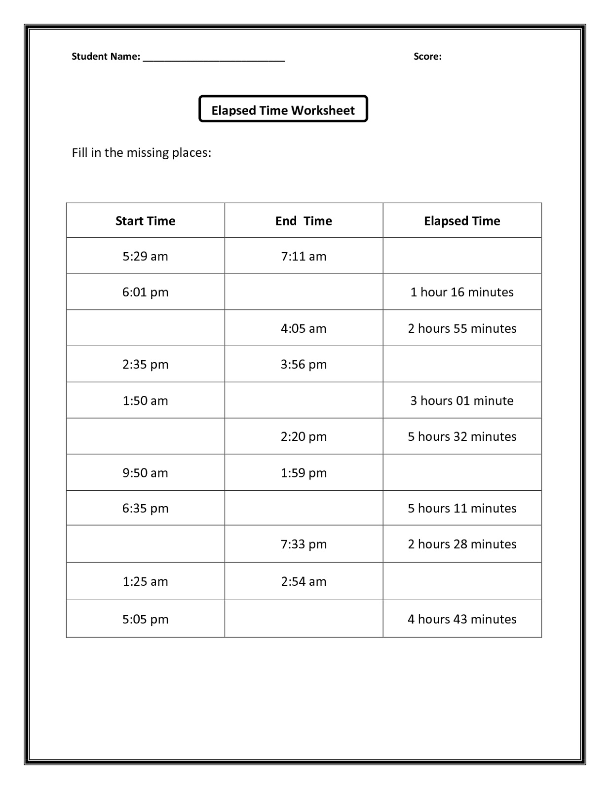Elapsed Time Worksheets Free for 3rd Grade