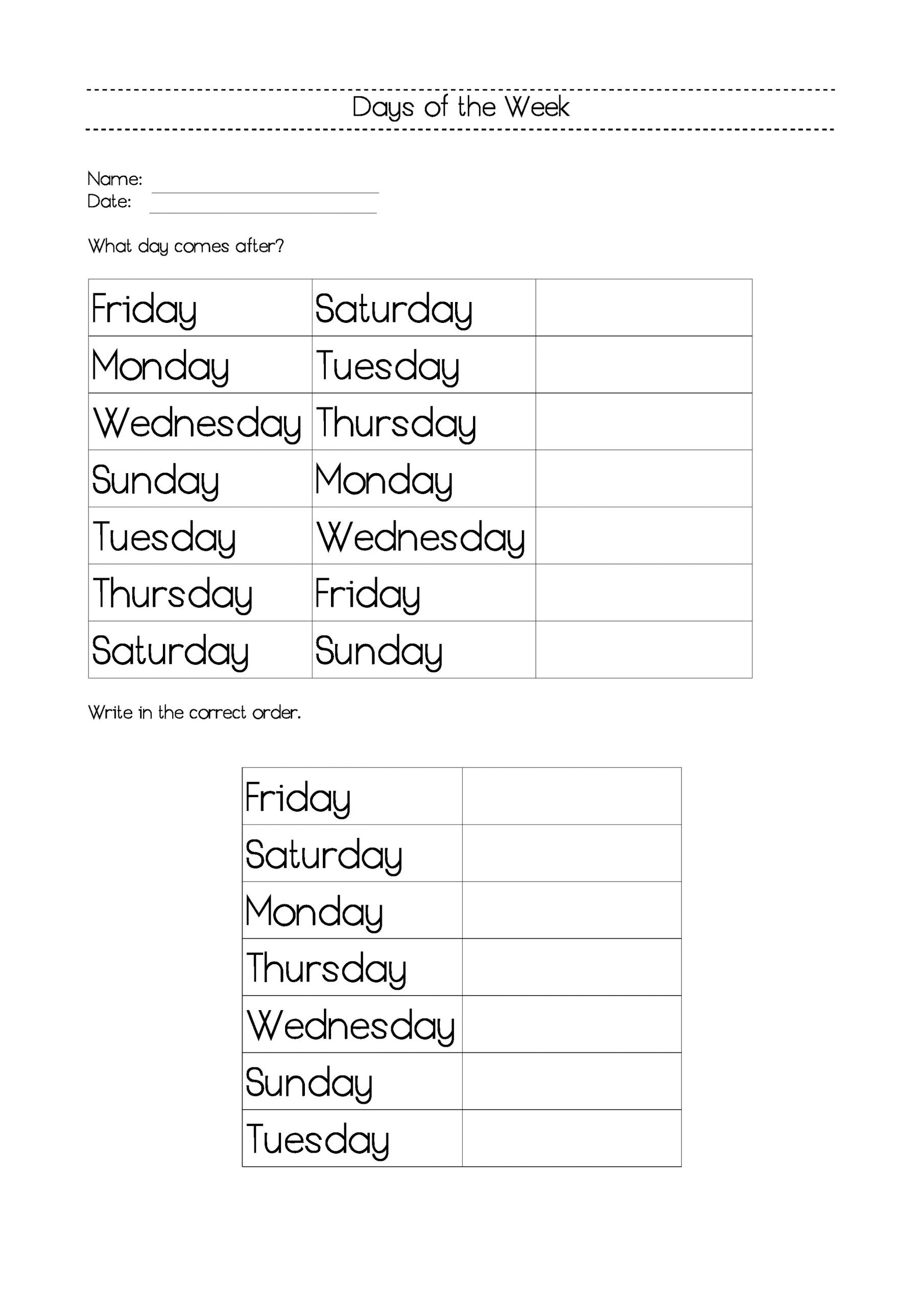 Free Days Of The Week Worksheet