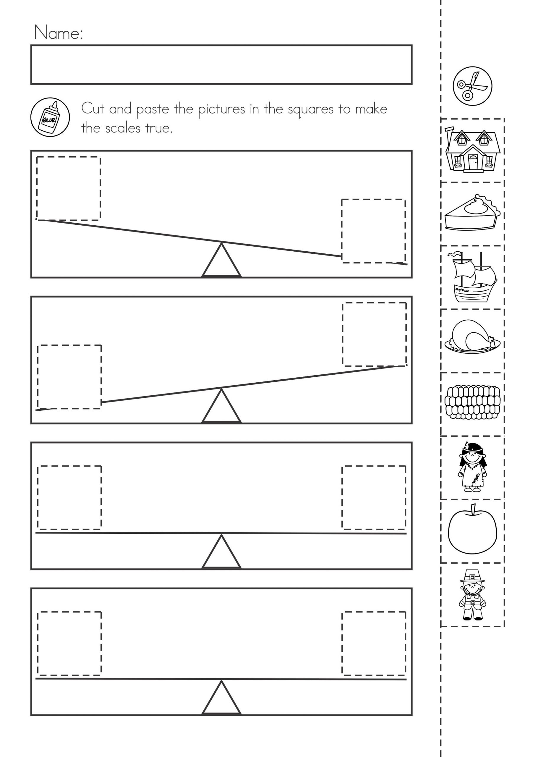 Pan Balance Worksheets for Kindergarten