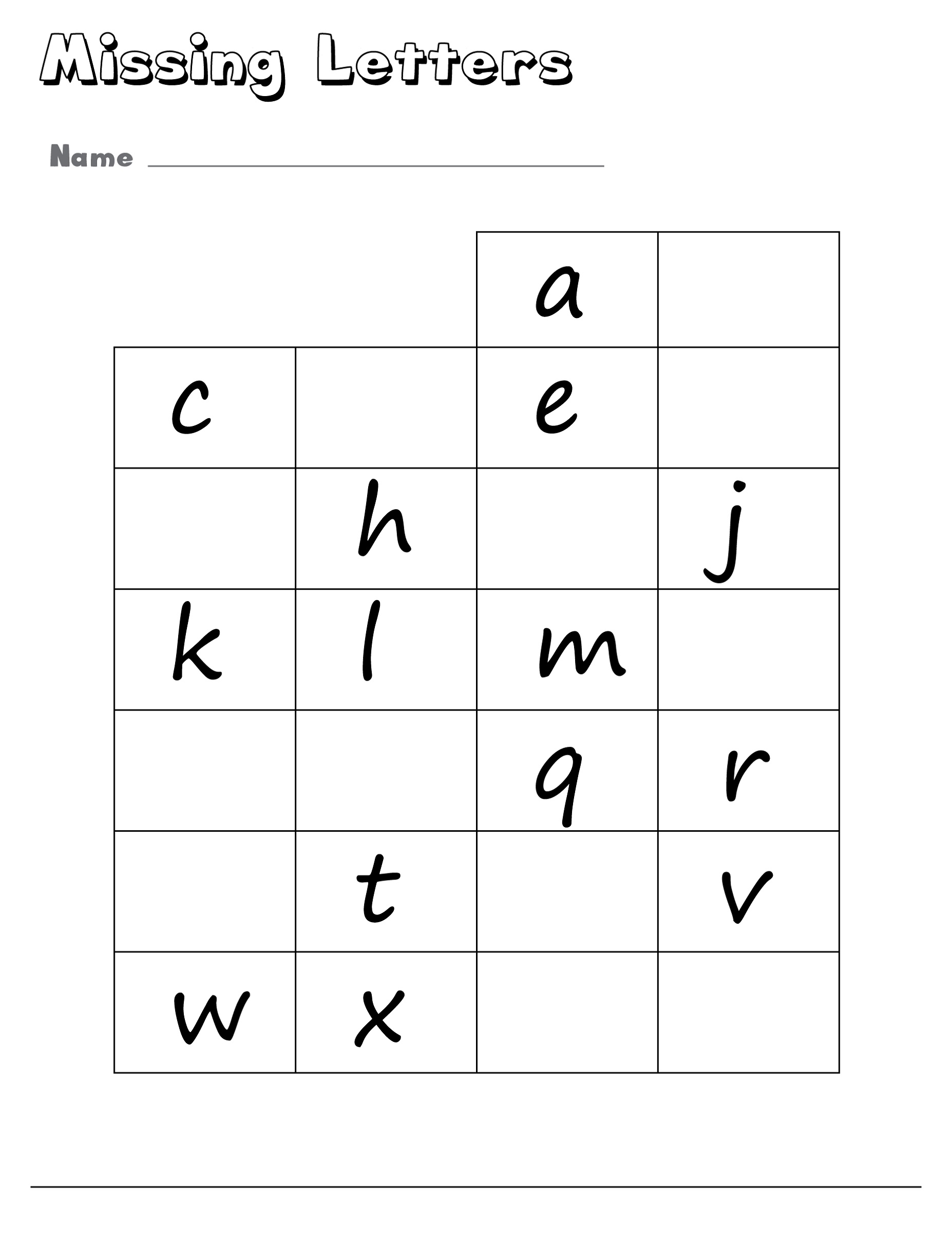 Missing Lower Case Alphabet Worksheets
