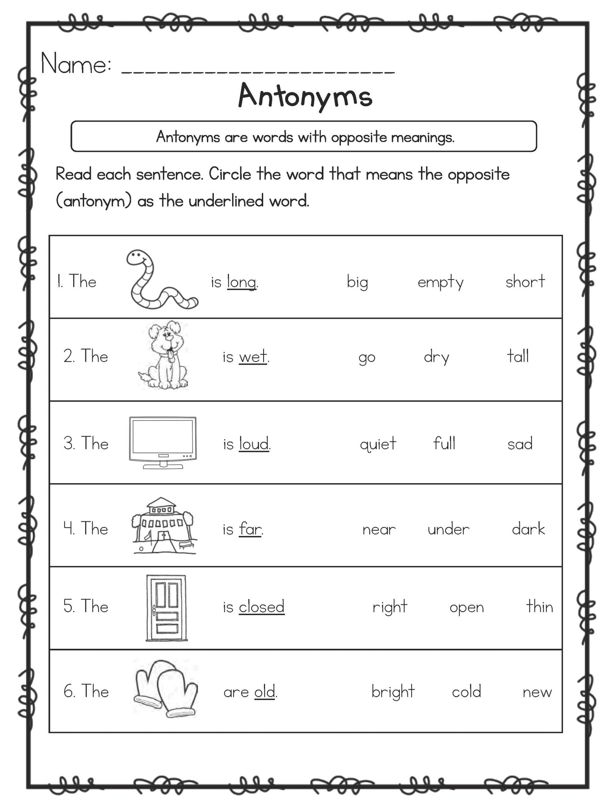 Antonyms Worksheets For 5 Year Olds