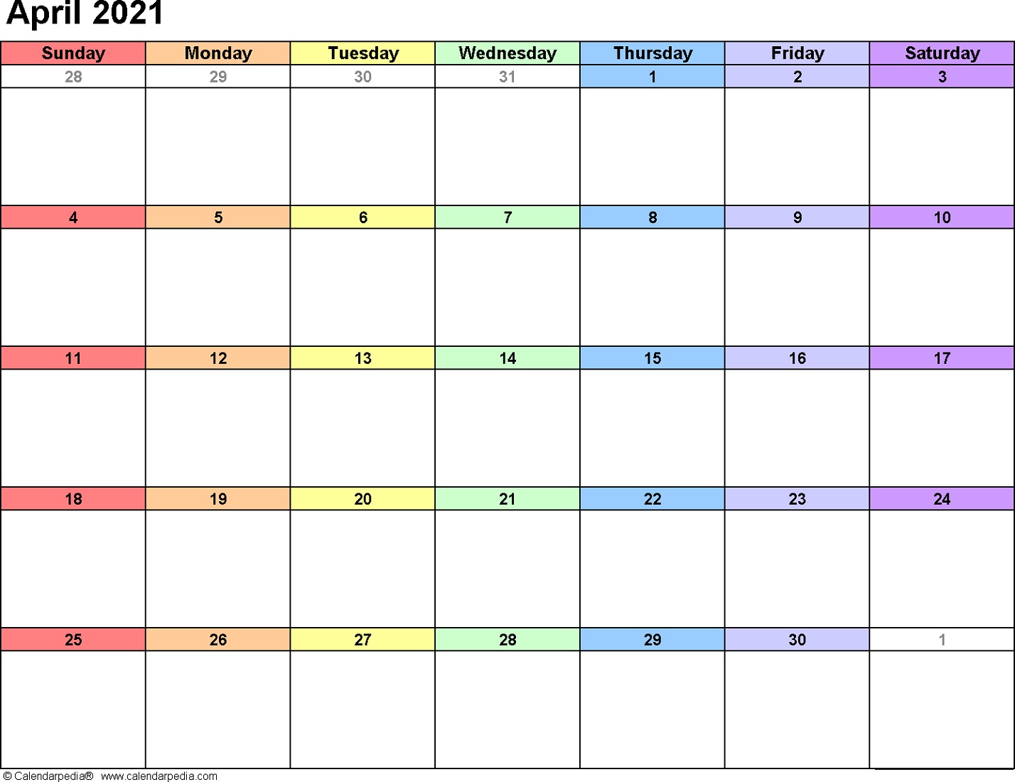 April 2021 Monthly Calendar Printable
