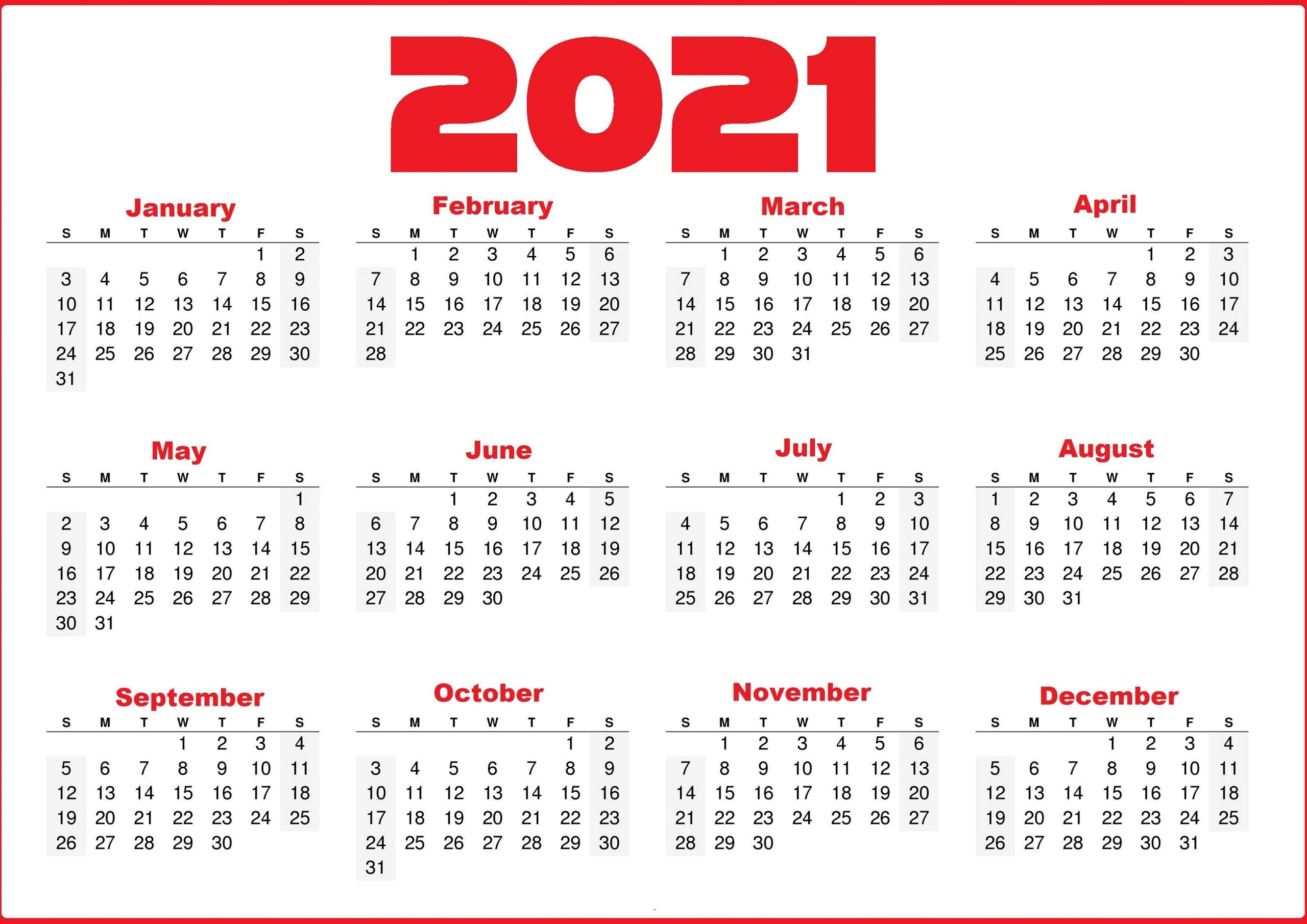 Free Yearly Calendar 2021 Printable