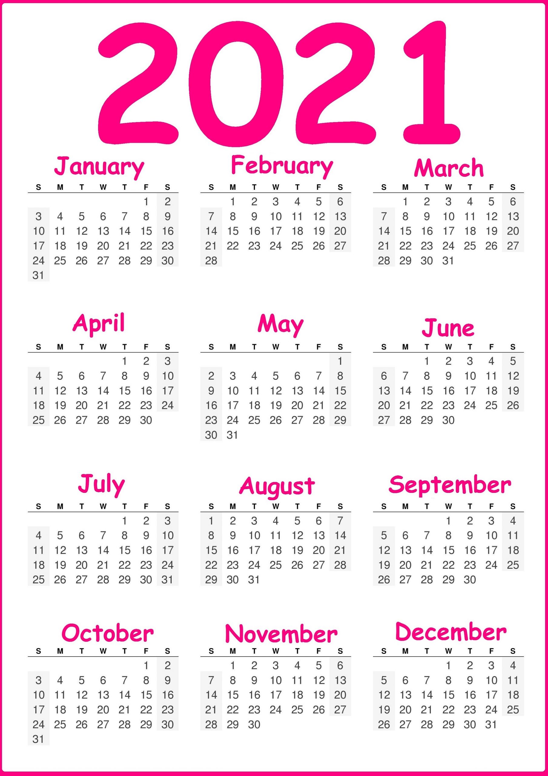 Pink Yearly Calendar 2021 Printable