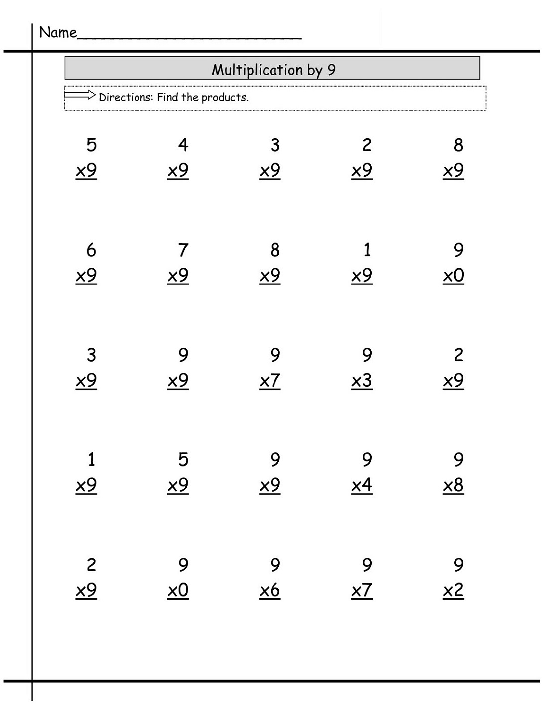 Printable 9 Times Table Worksheet