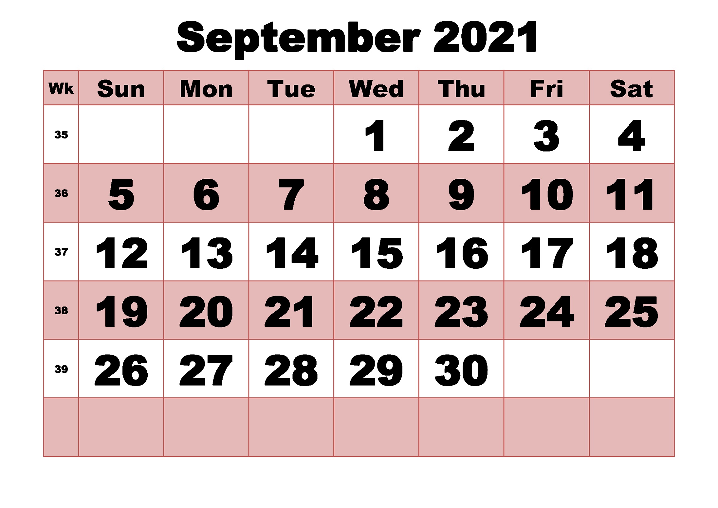September 2021 Monthly Calendar Printable
