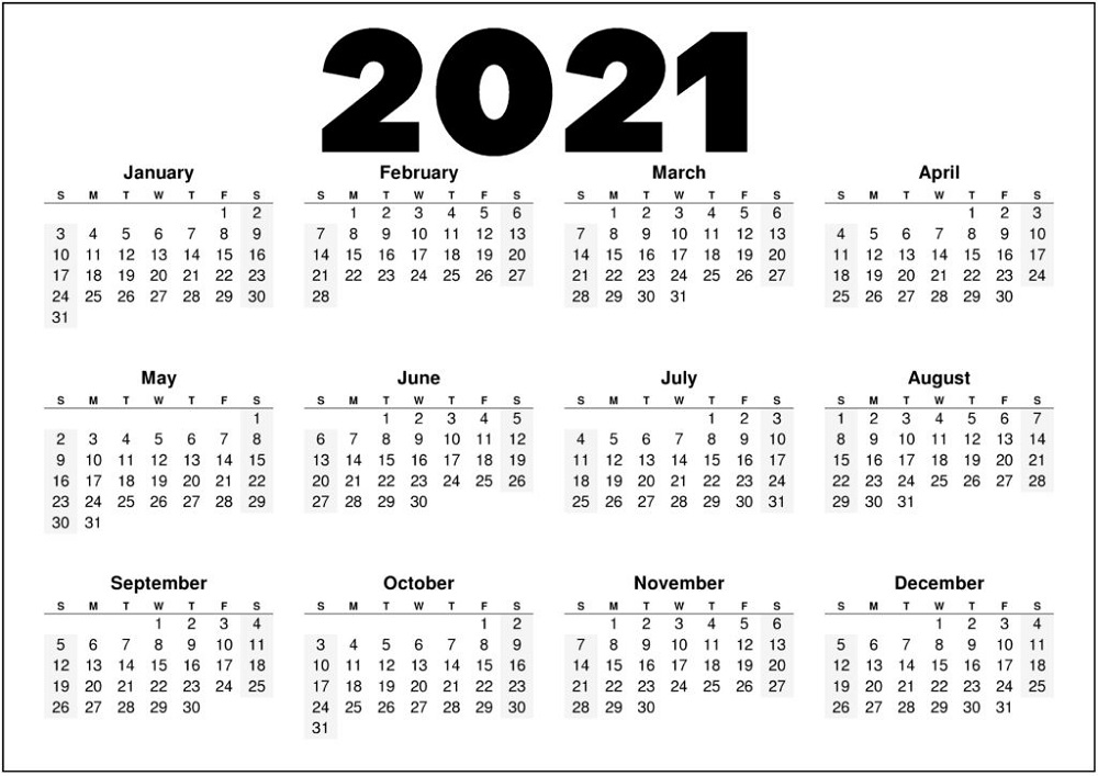 Black and White Calendar 2021 Printable