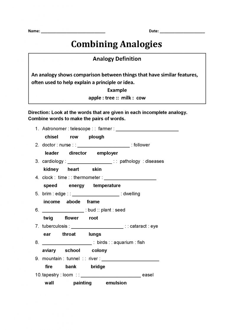 Combining Free Analogy Worksheets