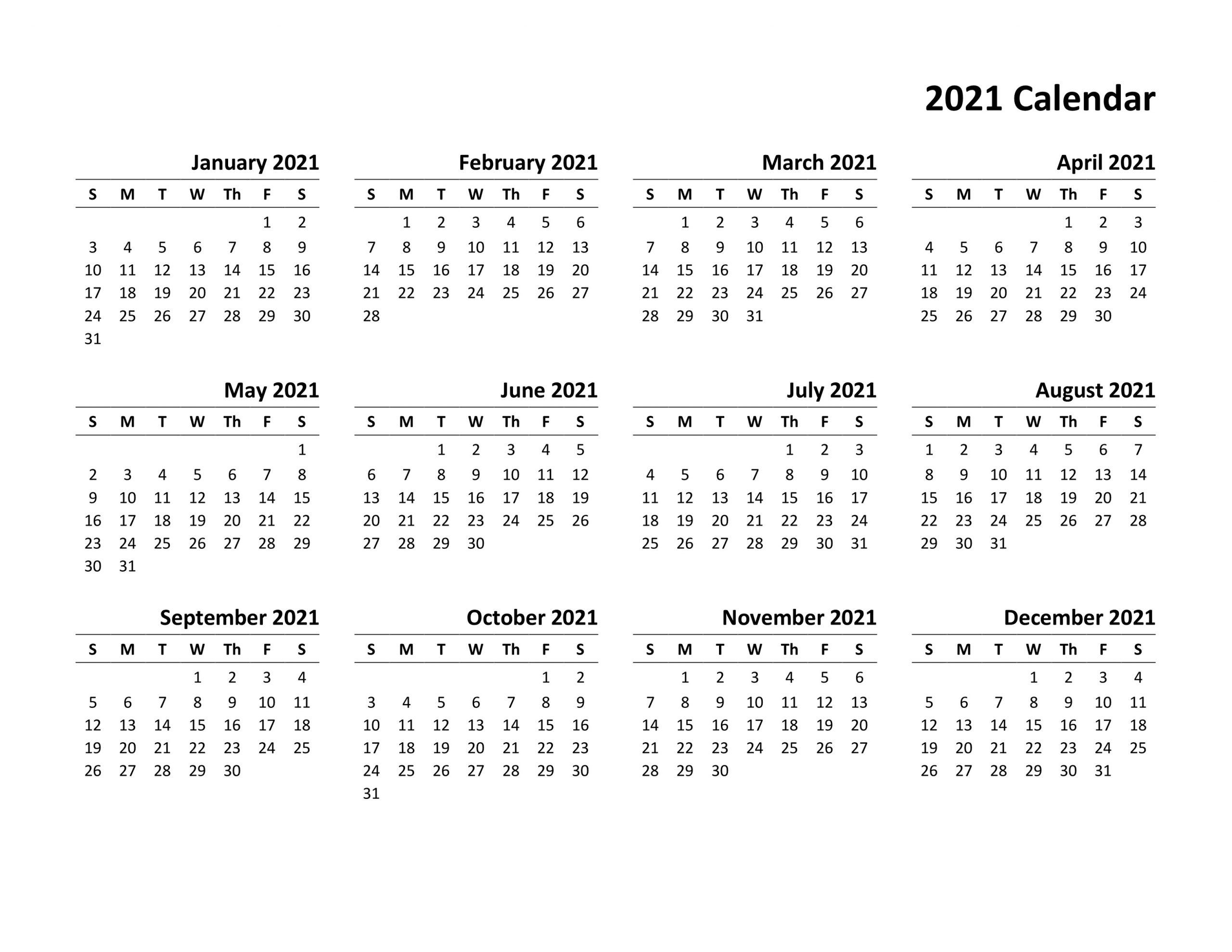 Yearly Calendar 2021 Printable