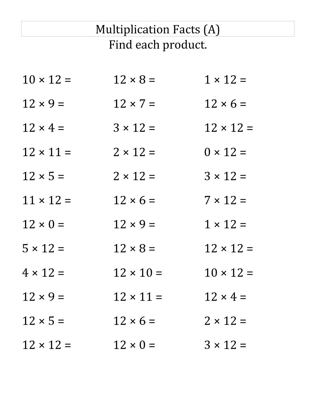 11 And 12 Times Tables Worksheet