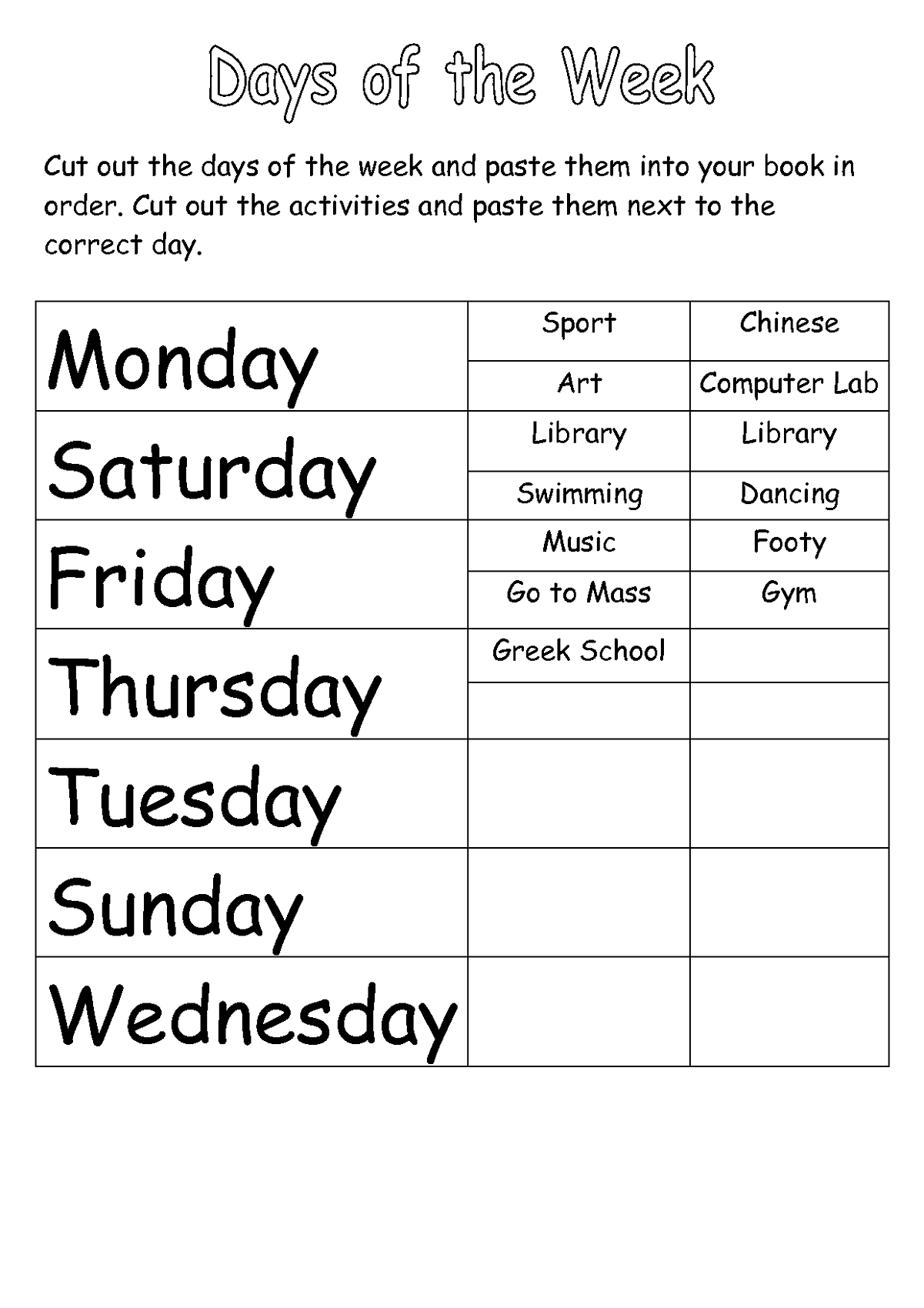 days of the week activity