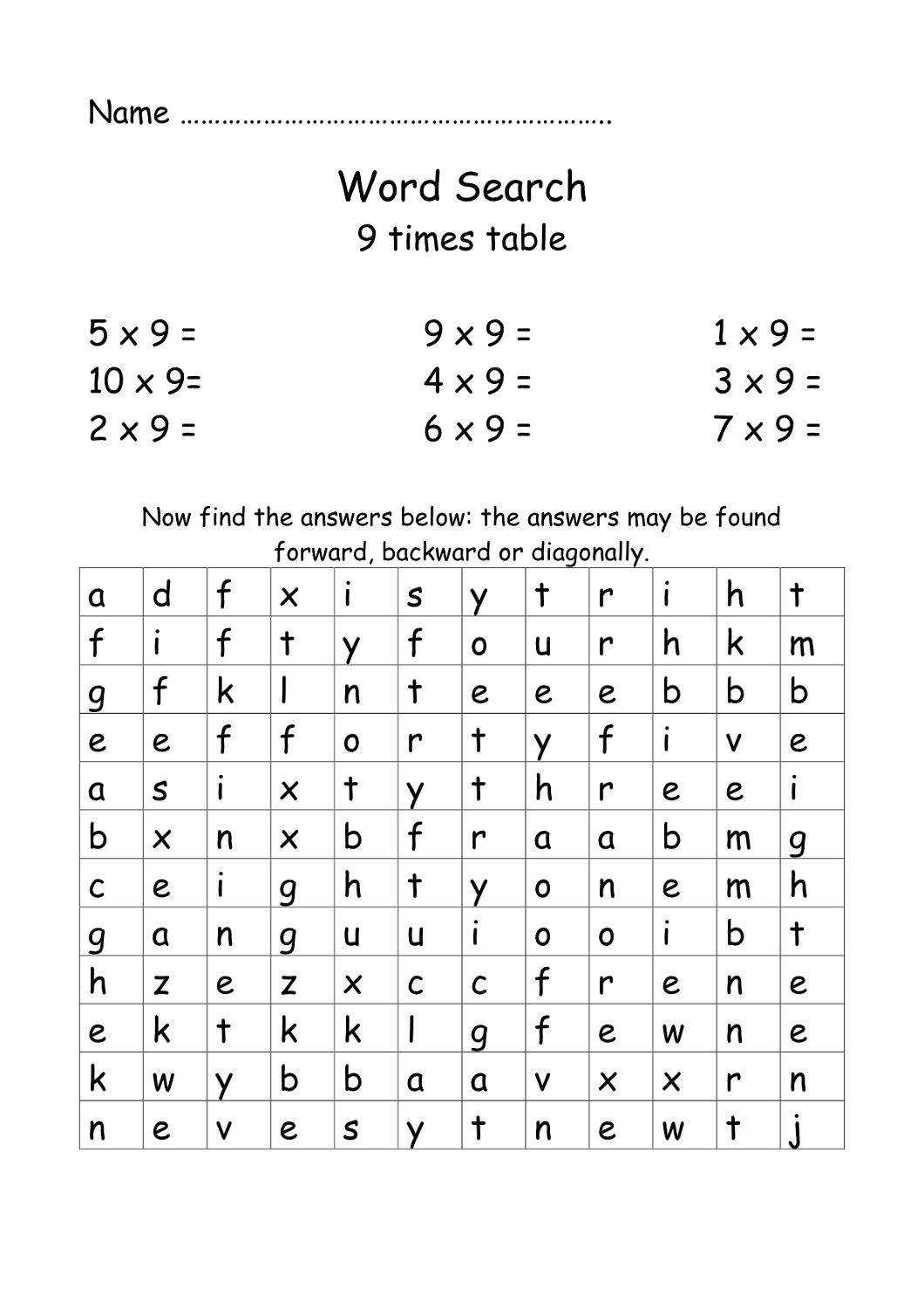 9 times table worksheets for study