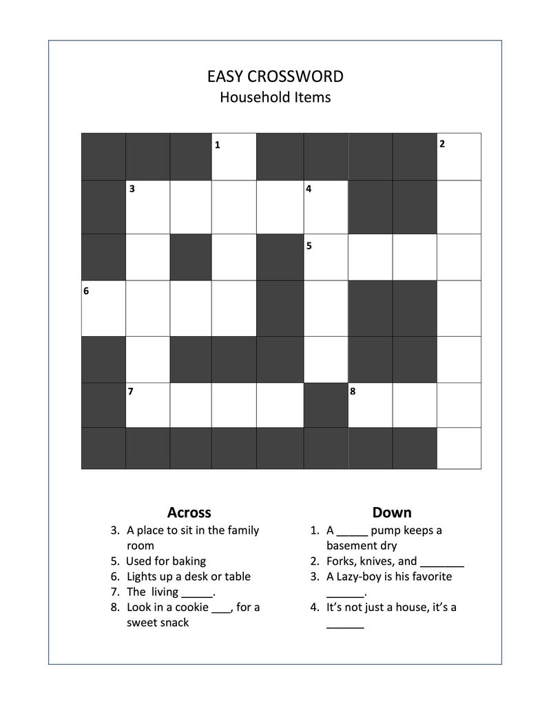 household easy crossword puzzles for seniors