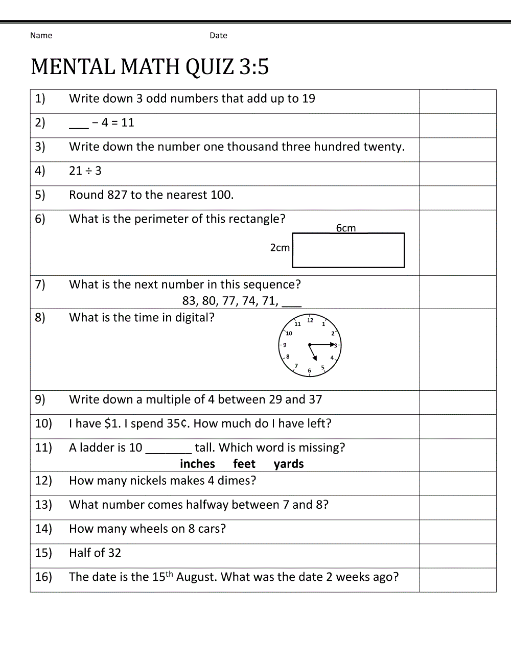 math quiz worksheet for practice