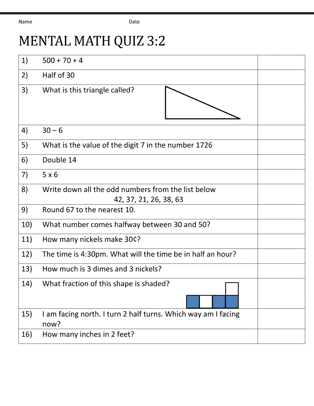mental math quiz worksheet