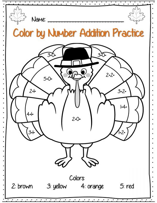 Thanksgiving Color By Number Addition Page